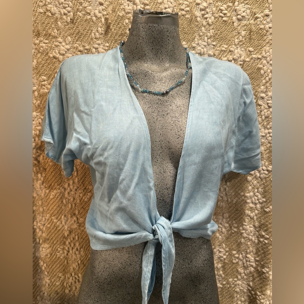 Sim & Sam Shirt Top Bow Open Front Bolero Chambray Rayon Light Blue XS